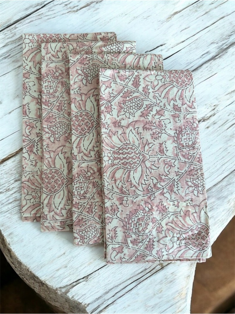 New Pottery Barn Floral Block Print 100% Cotton Napkins ~ Set of 4 ~Cream Pink